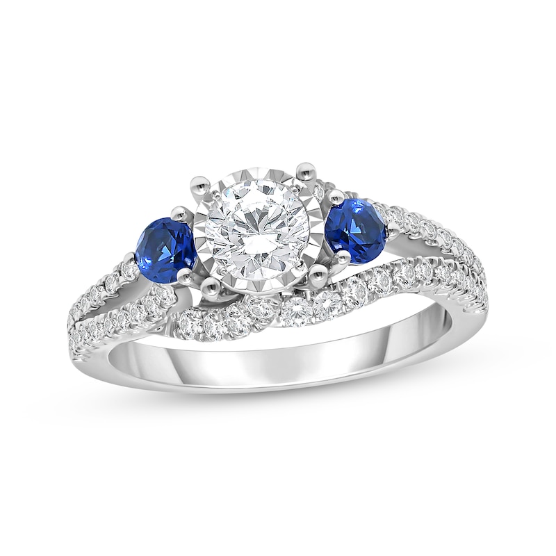 Round Cut Diamond and Blue Sapphire Three-Stone Engagement Ring 1 ct tw White Gold Plated