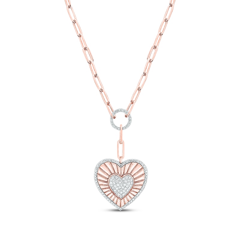 Round-Cut Diamond Heart Charm Paperclip Chain Y-Drop Necklace 1/4 ct tw Rose Gold Plated 18”