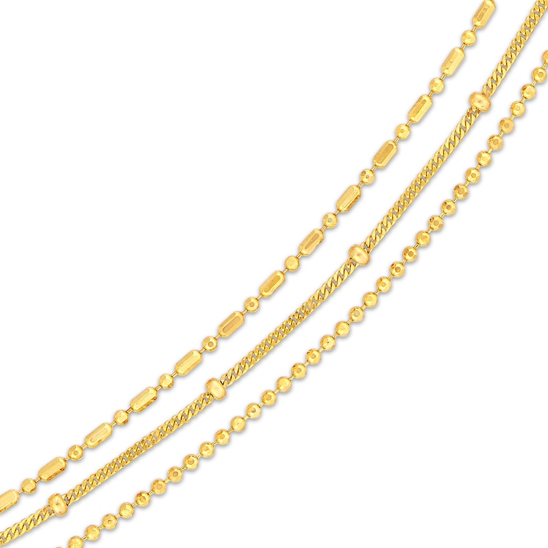 Mixed Bead Three-Strand Chain Necklace Yellow Gold Plated 18