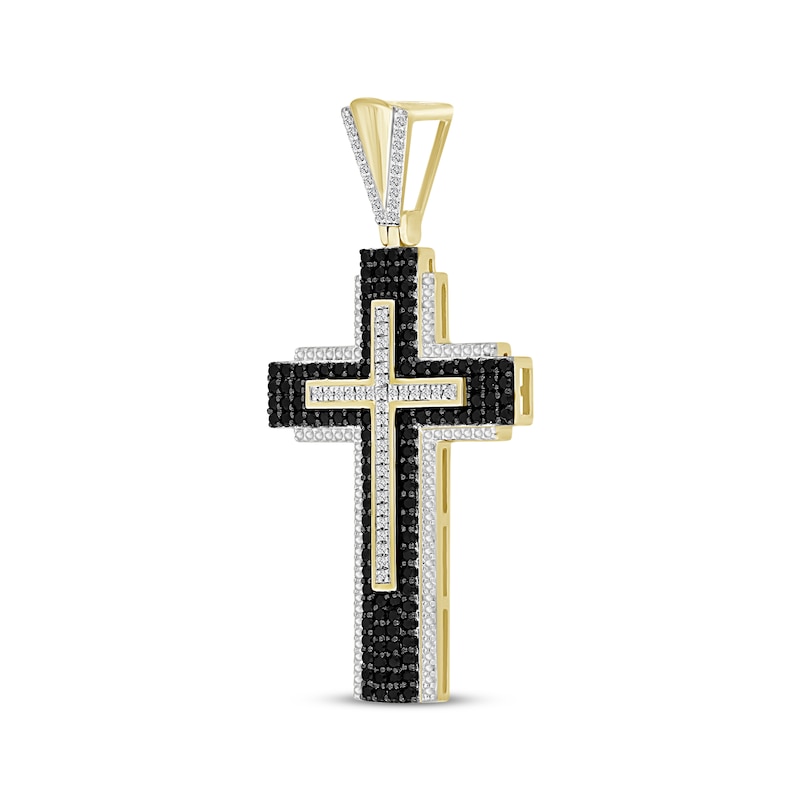 Men's Black & White Diamond Cross Charm 1 ct tw Yellow Gold Plated