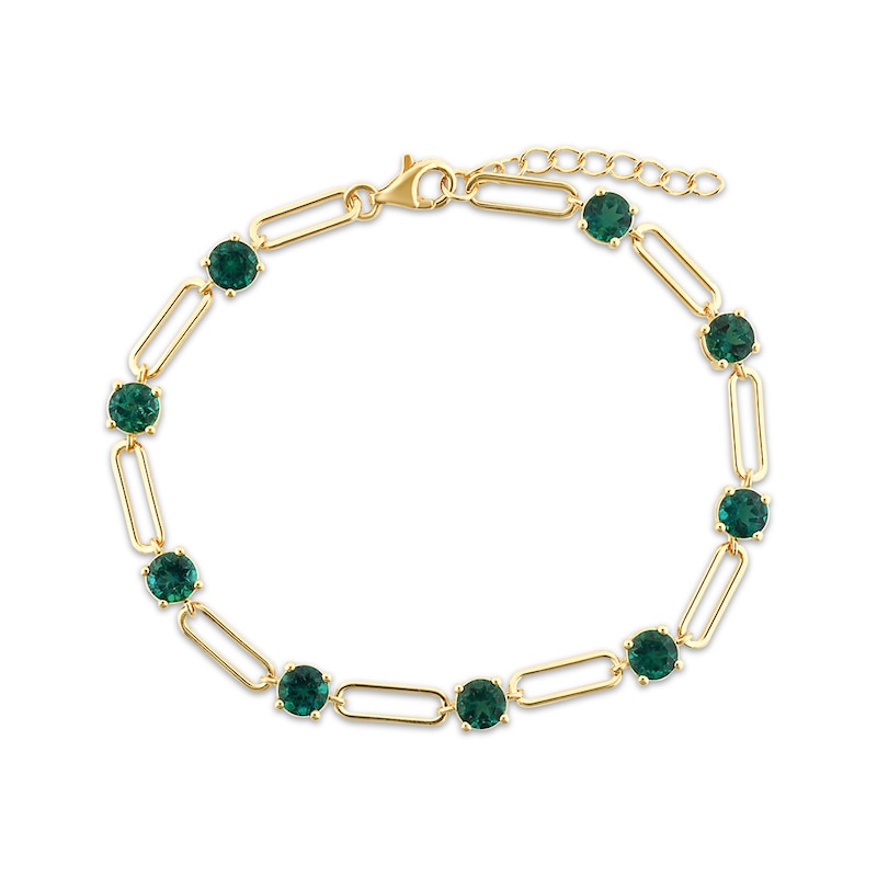 Lab-Created Emerald Paperclip Bracelet Yellow Gold Plated 8.5