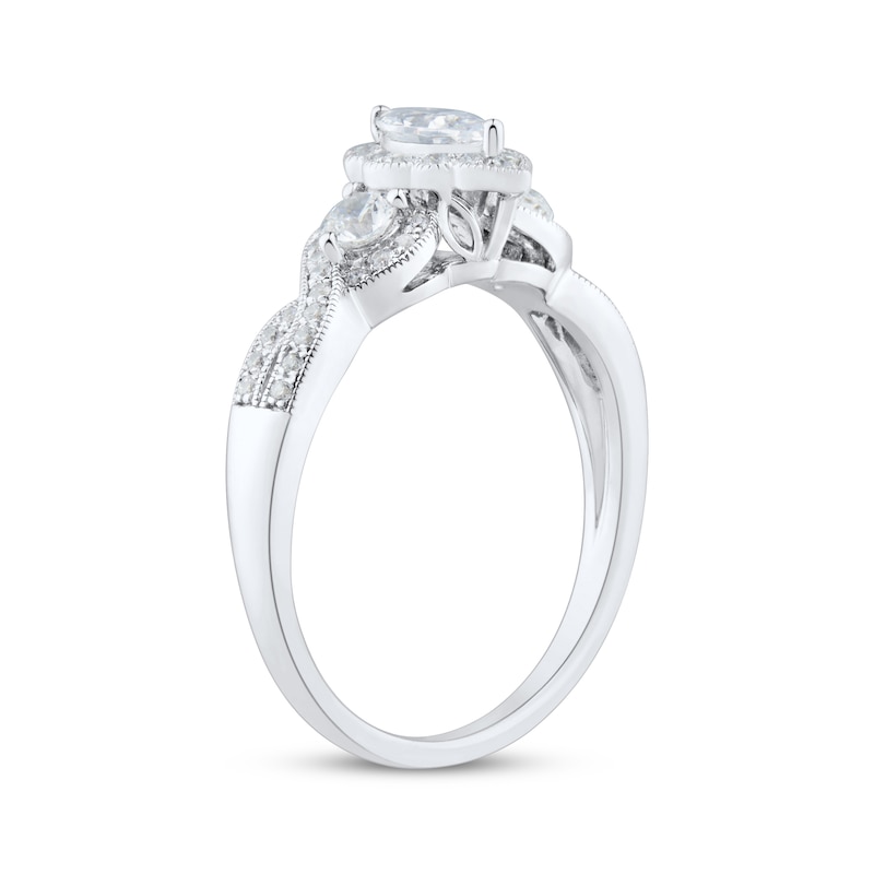 Vintage-Style Marquise & Round-Cut Diamond Three-Stone Engagement Ring 3/4 ct tw White Gold Plated