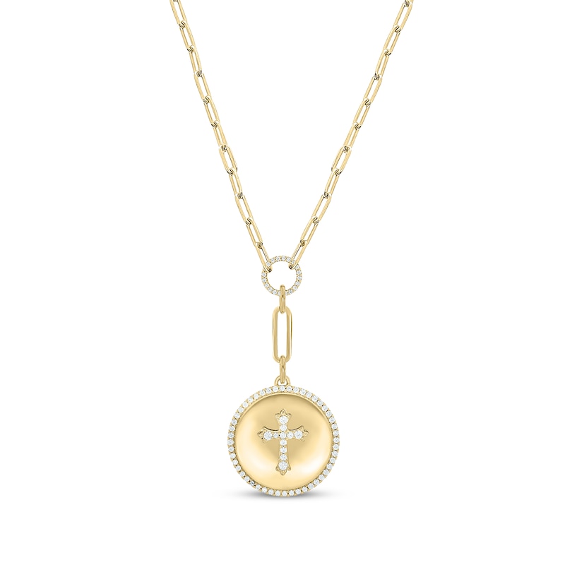 Round-Cut Diamond Cross Disc Paperclip Chain Y-Drop Necklace 1/2 ct tw Yellow Gold Plated 18”