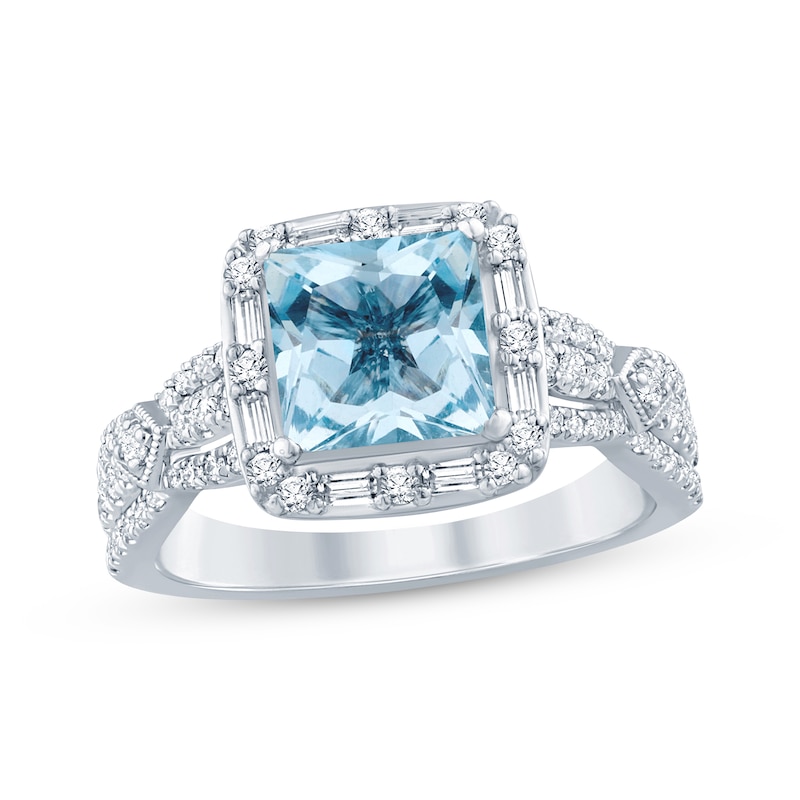 Aquamarine & Diamond Engagement Ring 1/2 ct tw Square-cut, Baguette & Round-cut White Gold Plated