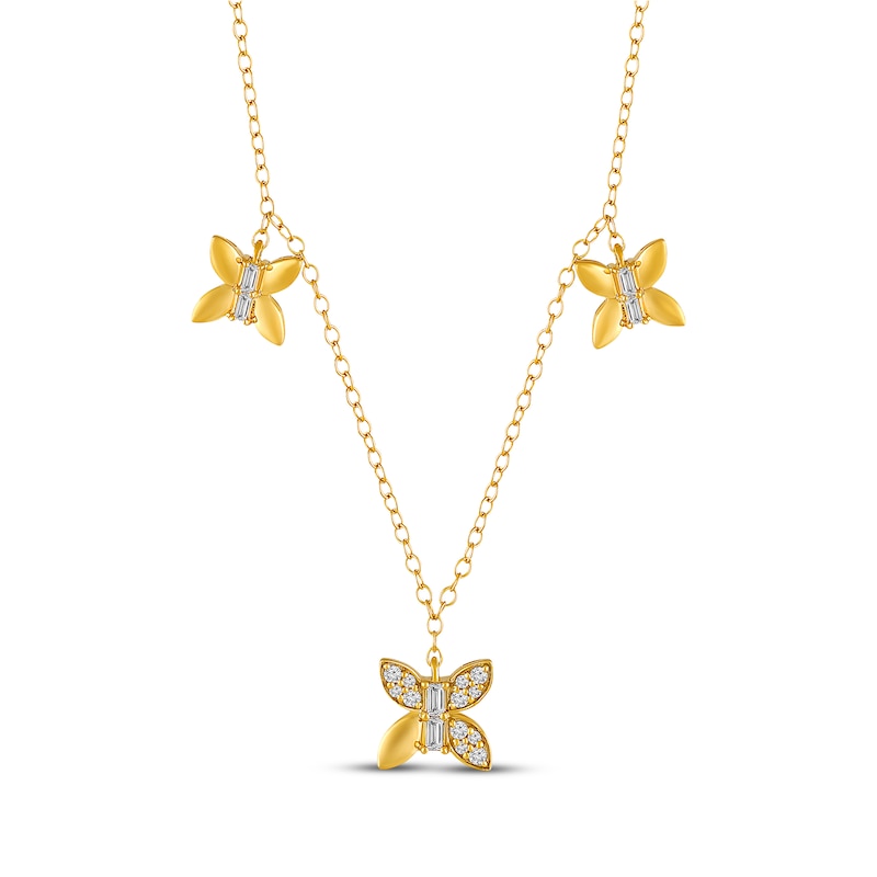 Baguette & Round-Cut Diamond Butterfly Trio Y-Drop Necklace 1/5 ct tw Yellow Gold Plated  18