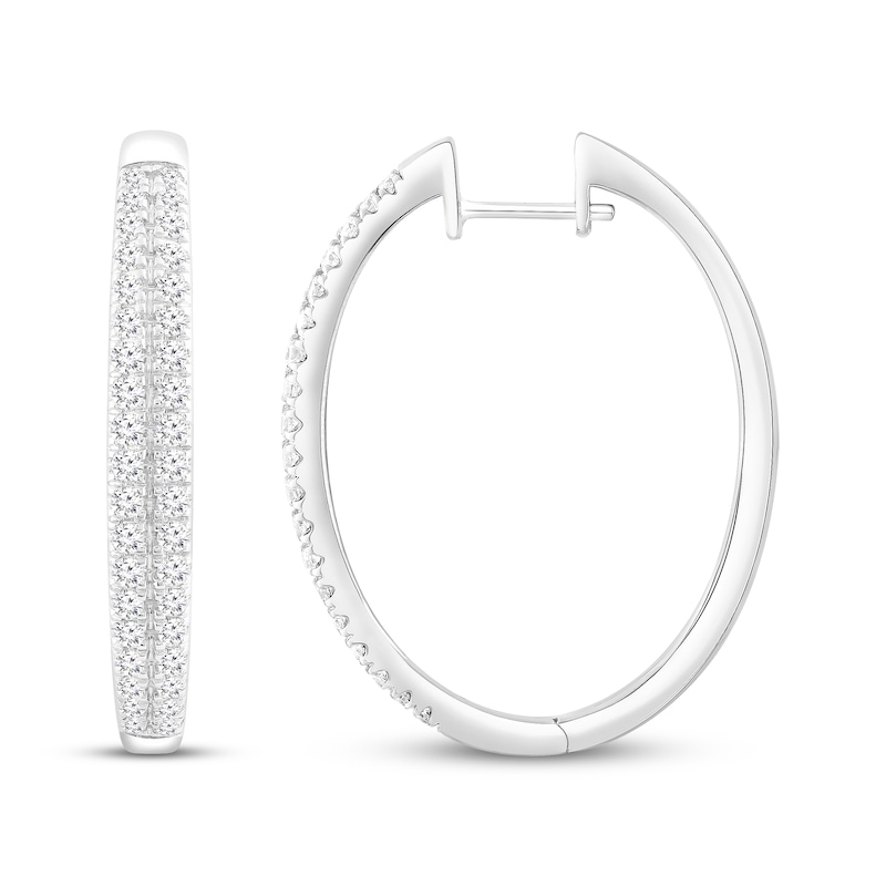 Diamond Two-Row Tapered Hoop Earrings 1 ct tw White Gold Plated