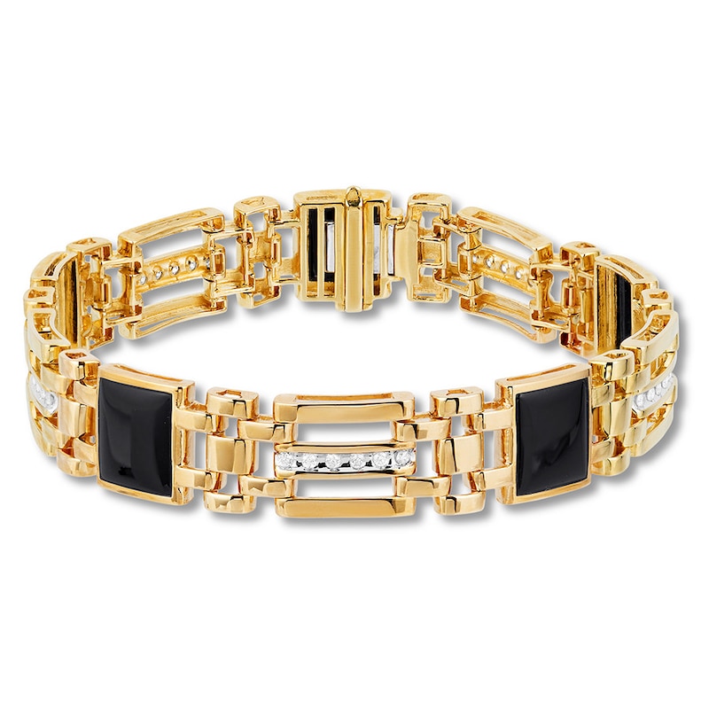 Men's Black Onyx Bracelet 1/2 ct tw Diamonds Yellow Gold Plated 8.5