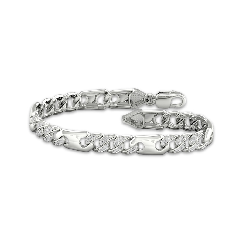 Men's Diamond Station Curb Chain Bracelet 1 ct tw White Gold Plated 8.5