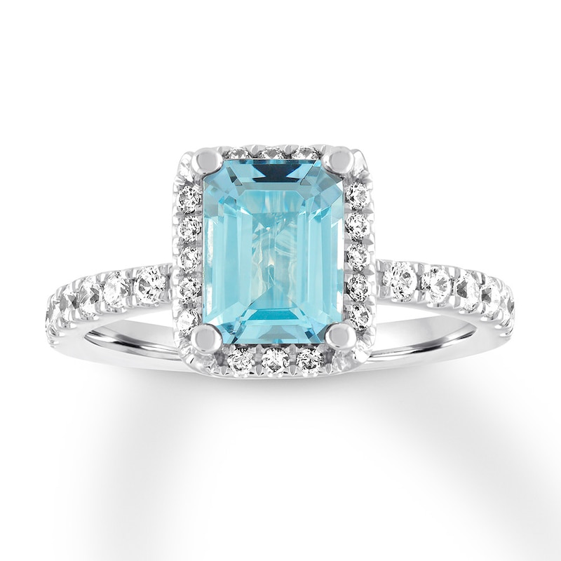 Aquamarine Engagement Ring 1/2 ct tw Diamonds White Gold Plated