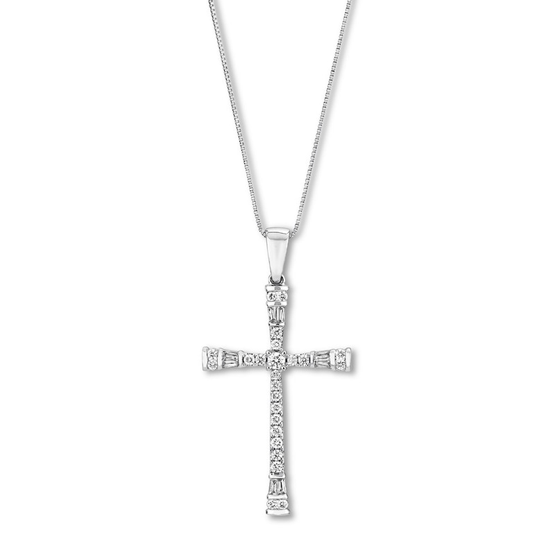 Diamond Cross Necklace 3/8 ct tw Round & Baguette White Gold Plated 18