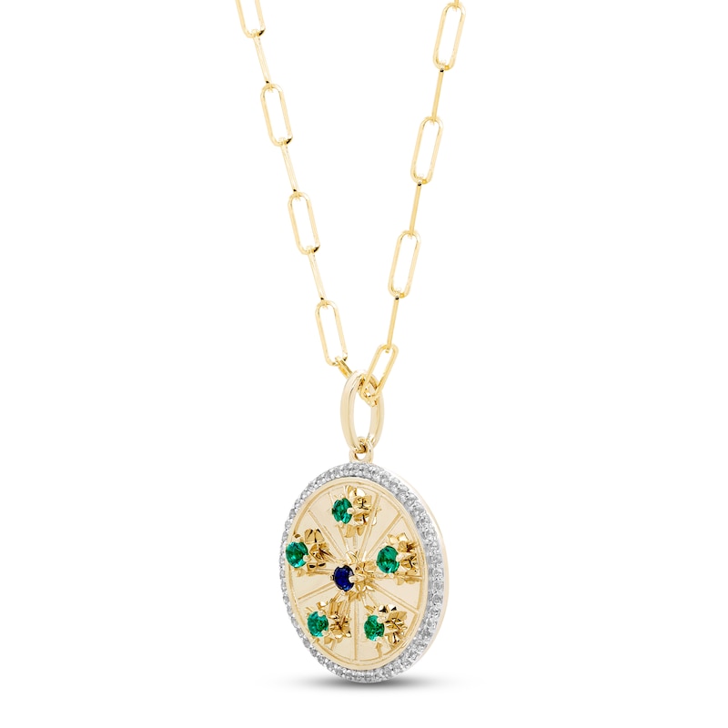 Lab-Created Emerald, Blue Lab-Created Sapphire & White Topaz Medallion Necklace Yellow Gold Plated 18