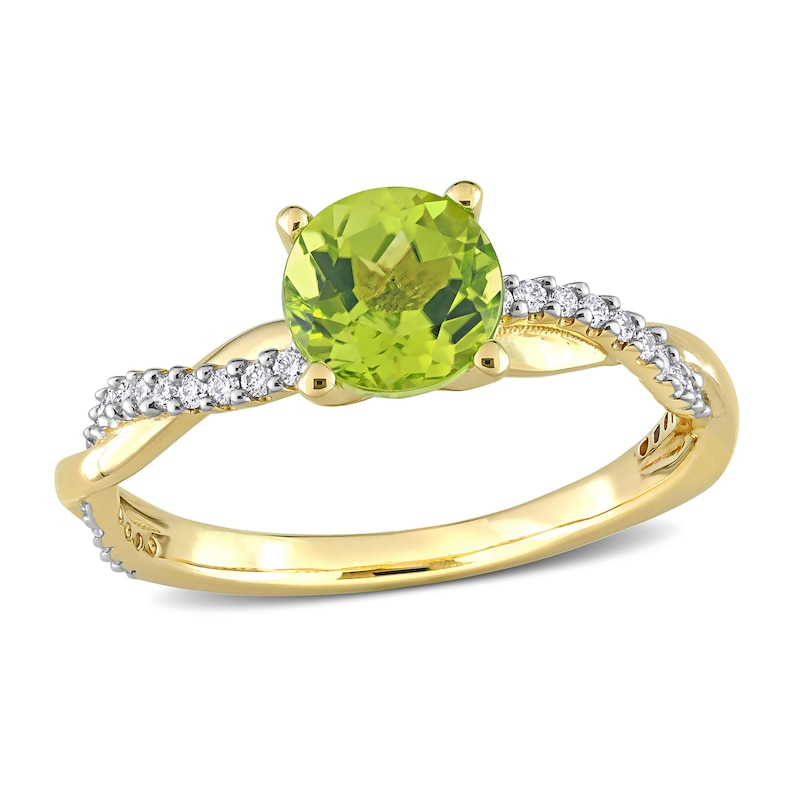 Round Peridot Engagement Ring 1/6 ct tw Diamonds Yellow Gold Plated