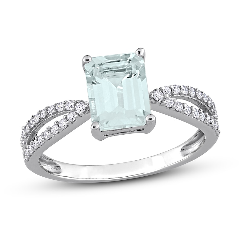 Emerald-cut Aquamarine Engagement Ring 1/5 ct tw Diamonds White Gold Plated