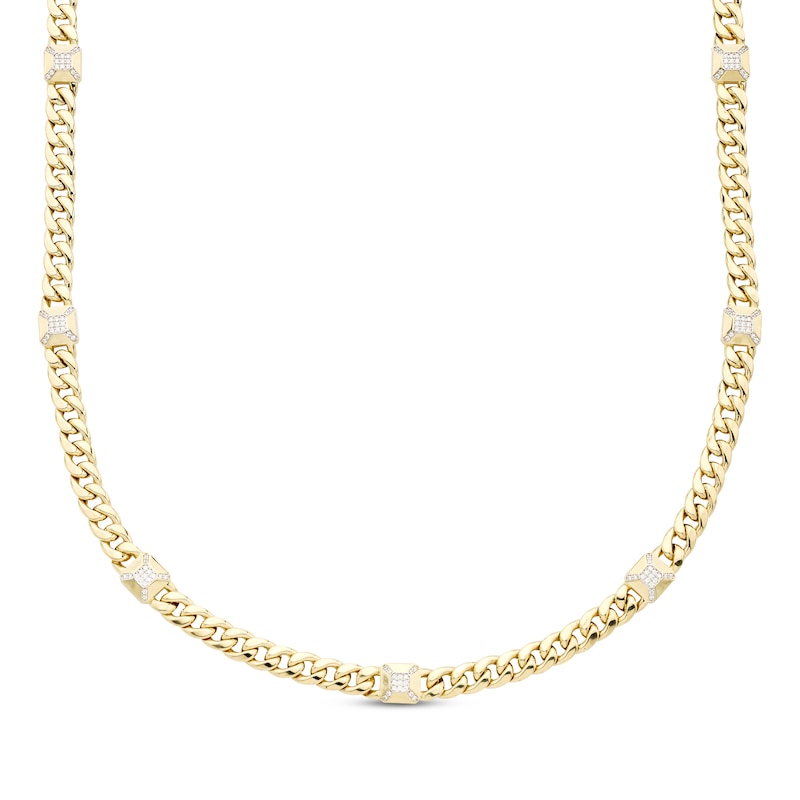 Men's Diamond Station Solid Cuban Curb Chain Necklace 1/2 ct tw Yellow Gold Plated 20