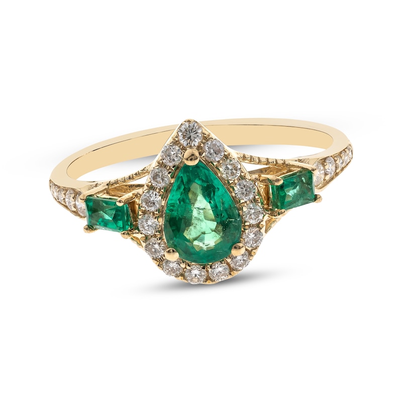Pear-Shaped & Baguette-Cut Emerald & Diamond Ring 1/5 ct tw Yellow Gold Plated