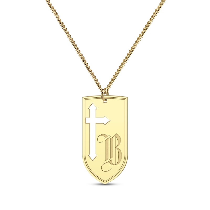 Men's Cutout Cross & Initial Shield Necklace Yellow Gold Plated 22