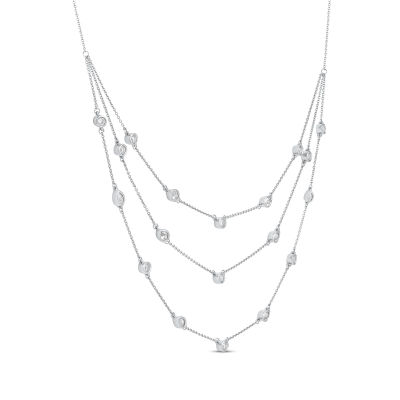 Pear-Shaped and Round-Cut Diamond Station Triple-Layer Necklace 1 ct tw White Gold Plated 16