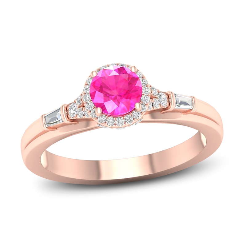 Pink Sapphire & Diamond Engagement Ring 1/4 ct tw Round & Baguette-Cut Rose Gold Plated