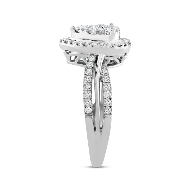 Multi-Diamond Center Teardrop Frame Engagement Ring 3/4 ct tw White Gold Plated