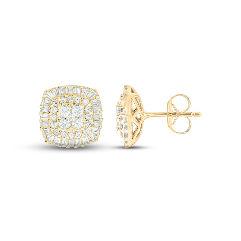 Diamond Cushion Earrings 1 ct tw Round & Baguette-cut Yellow Gold Plated
