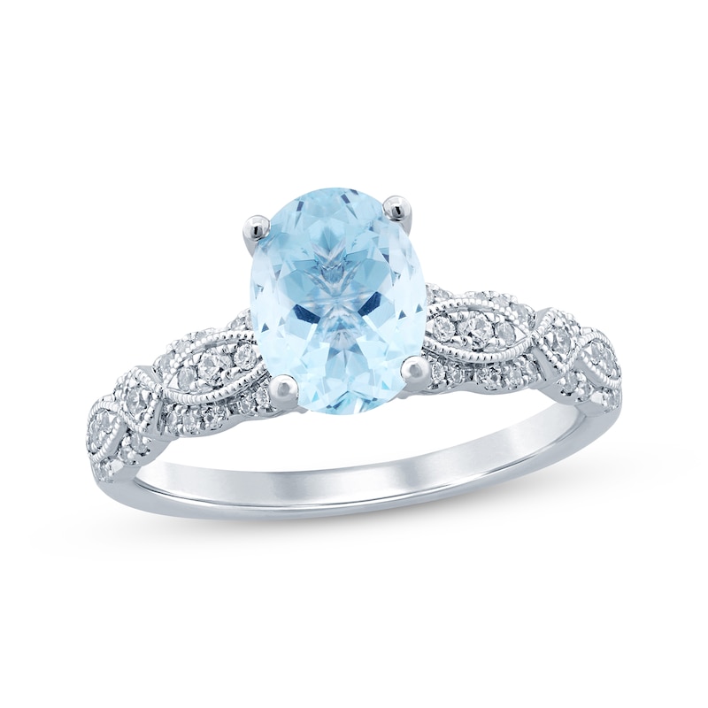 Aquamarine & Diamond Engagement Ring 1/4 ct tw Oval & Round-cut White Gold Plated
