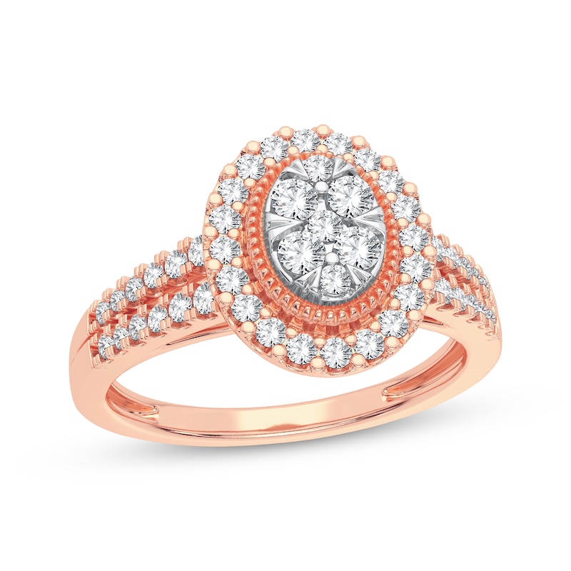 Multi-Diamond Center Oval Engagement Ring 3/8 ct tw Round-cut Rose Gold Plated