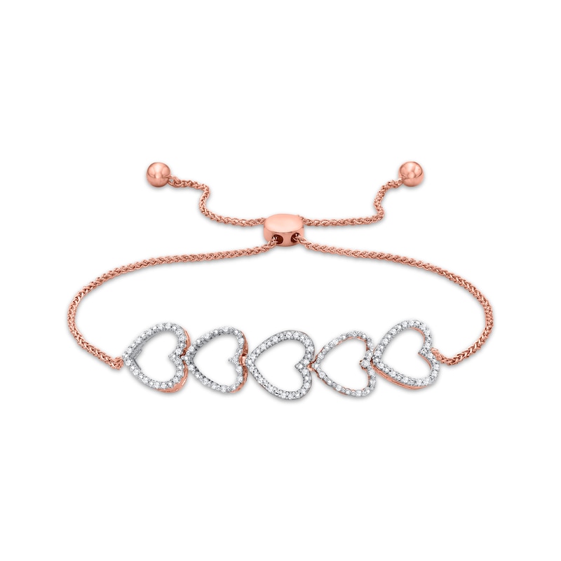 Diamond Stacked Hearts Bolo Bracelet 1/4 ct tw Rose Gold Plated