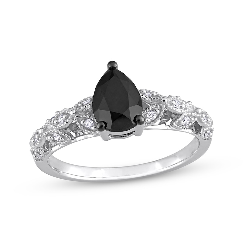 Vintage-Style Pear-Shaped Black & Round-Cut White Diamond Engagement Ring 1 ct tw White Gold Plated