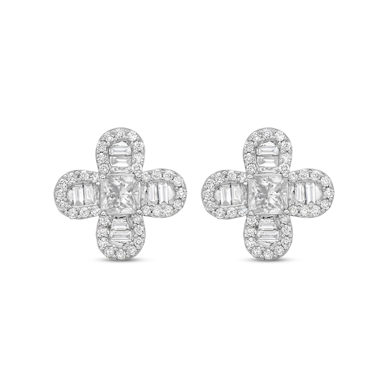 Princess-Cut Diamond Clover Stud Earrings 2 ct tw White Gold Plated