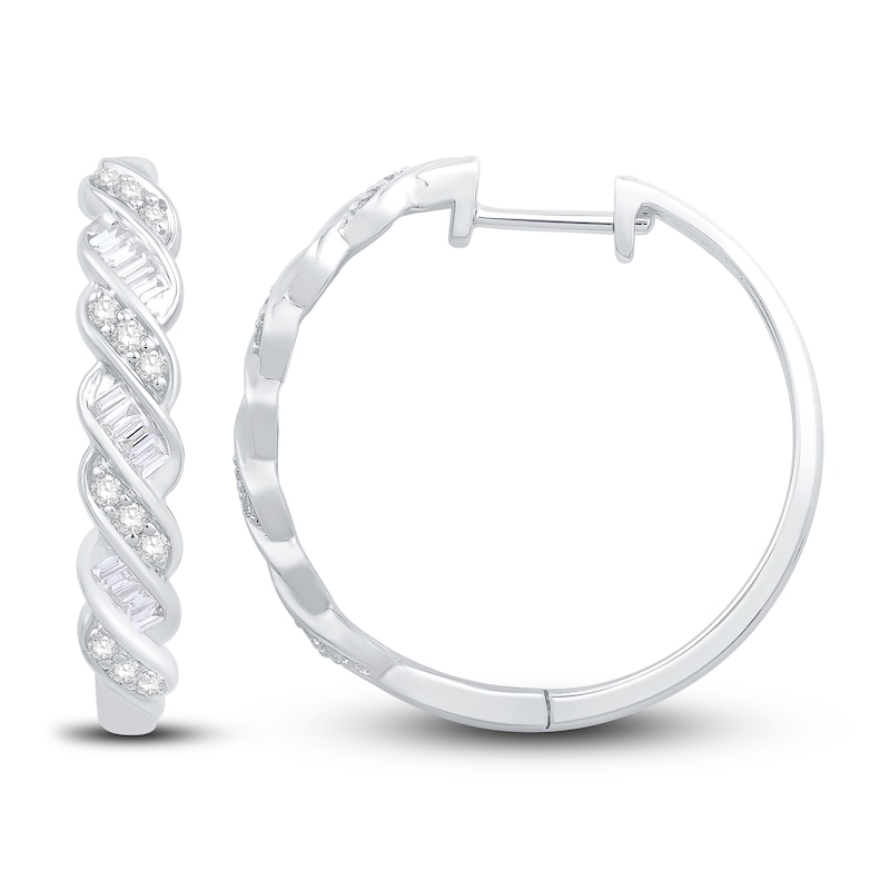 Diamond Twist Hoop Earrings 3/8 ct tw Baguette & Round-cut White Gold Plated