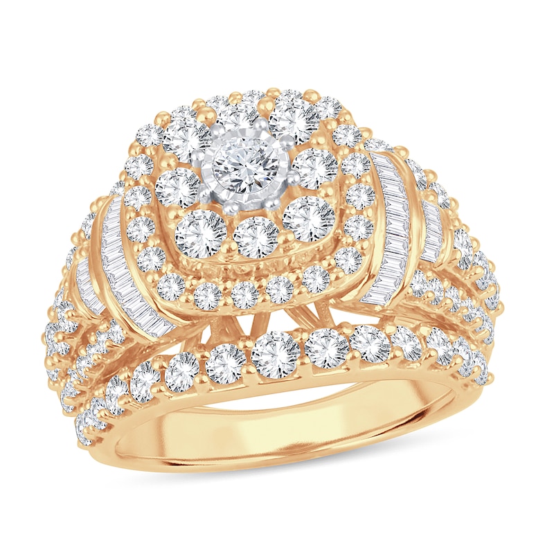 Diamond Engagement Ring 3 ct tw Round & Baguette Yellow Gold Plated