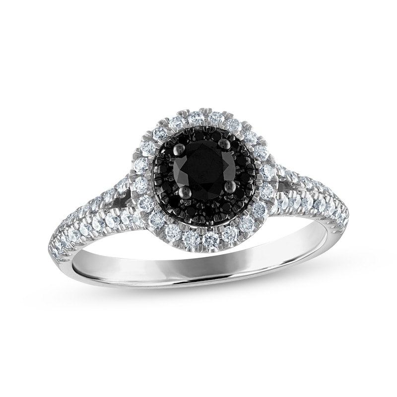 Round-Cut Black & White Diamond Split Shank Halo Engagement Ring 3/4 ct tw White Gold Plated