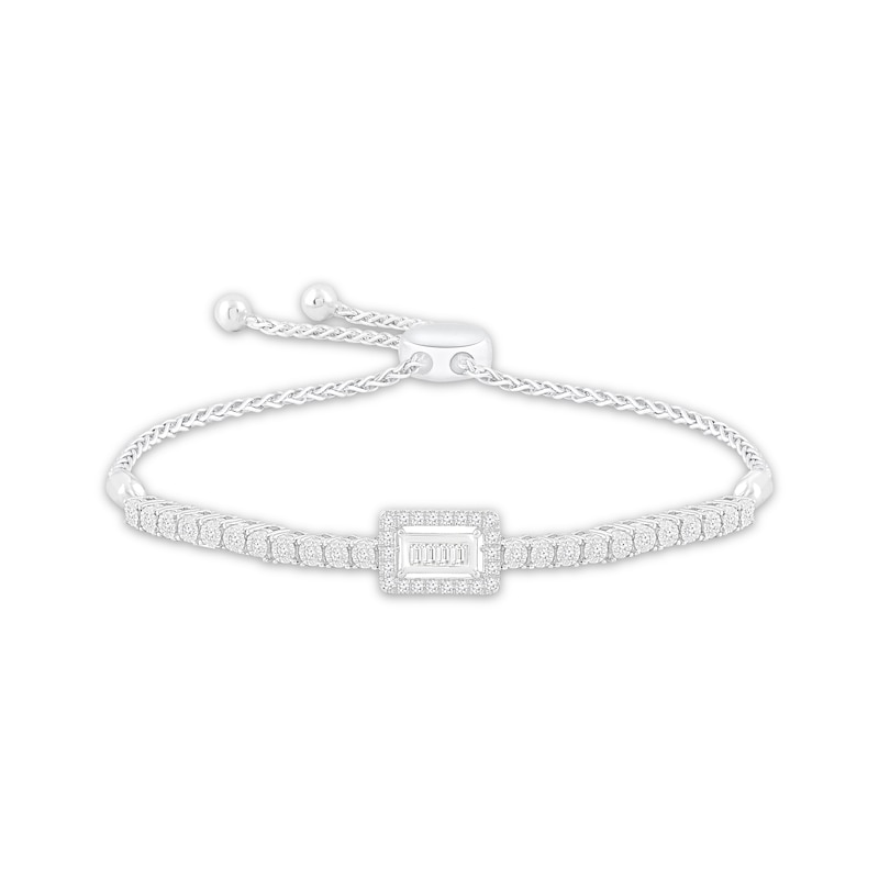 Baguette & Round-Cut Diamond Rectangle Bolo Bracelet 1/4 ct tw White Gold Plated 9.5