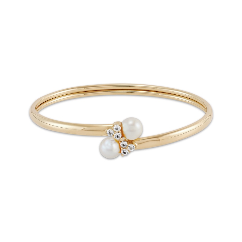 Cultured Pearl & White Lab-Created Sapphire Bypass Flex Bangle Bracelet Yellow Gold Plated