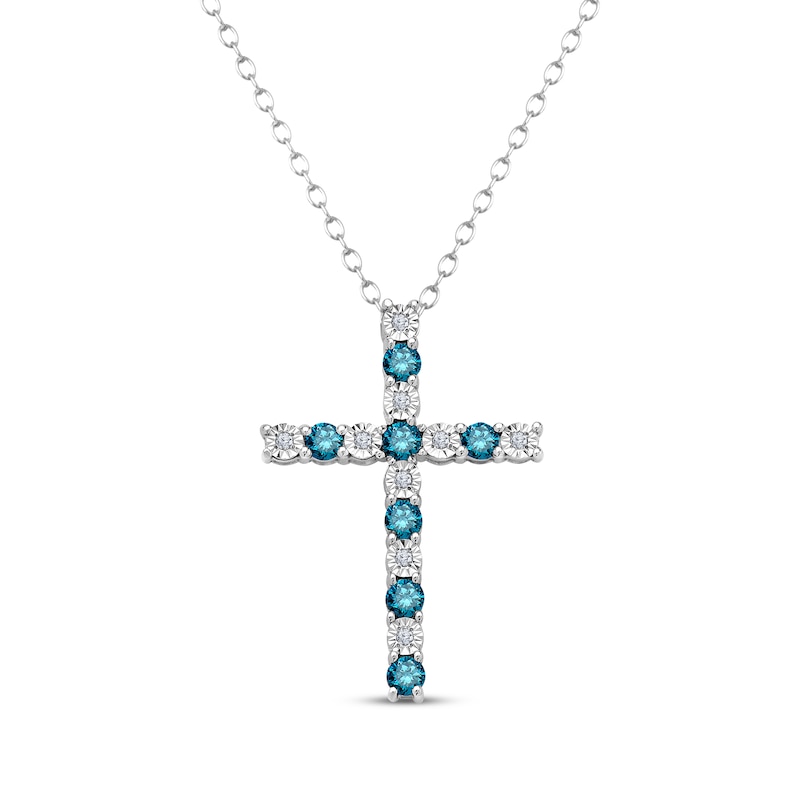 Blue & White Diamond Cross Necklace 1/2 ct tw White Gold Plated 18
