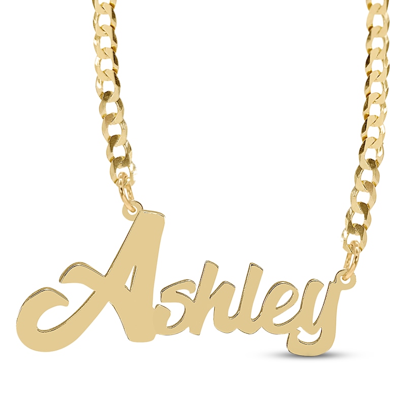 Script Name Curb Chain Necklace Yellow Gold Plated 18