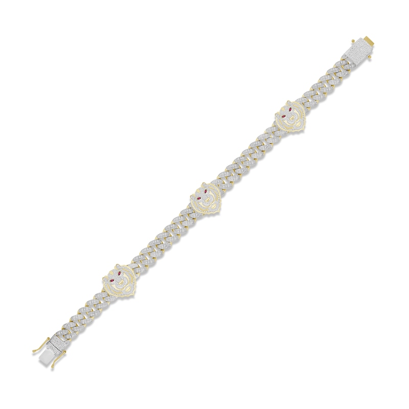 Men's Diamond & Lab-Created Ruby Tiger Head Bracelet 1-1/4 ct tw Yellow Gold Plated 8.5