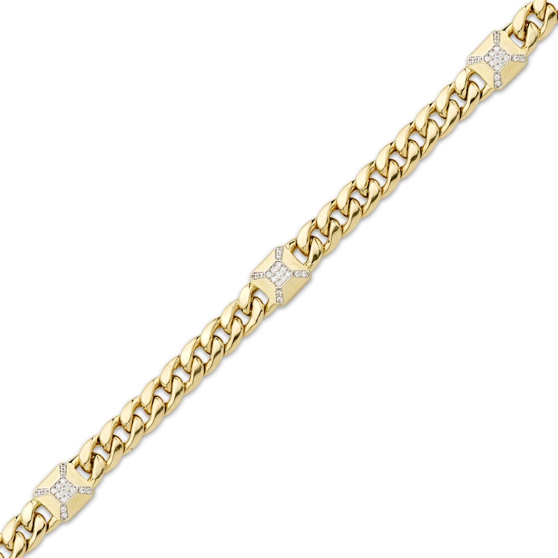 Men's Diamond Station Solid Cuban Curb Chain Bracelet 1/4 ct tw Yellow Gold Plated 8.5