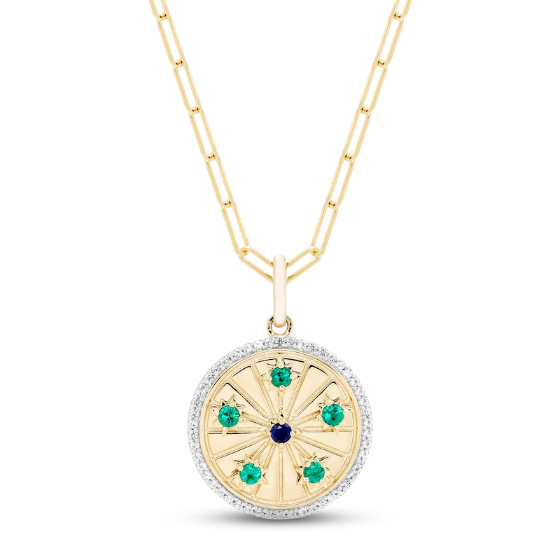 Lab-Created Emerald, Blue Lab-Created Sapphire & White Topaz Medallion Necklace Yellow Gold Plated 18