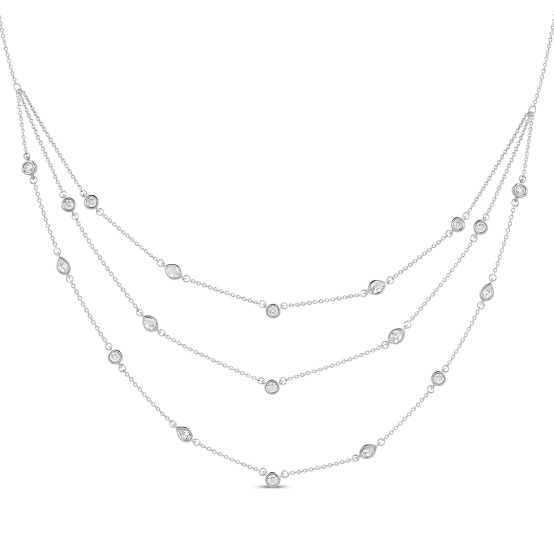 Pear-Shaped and Round-Cut Diamond Station Triple-Layer Necklace 1 ct tw White Gold Plated 16