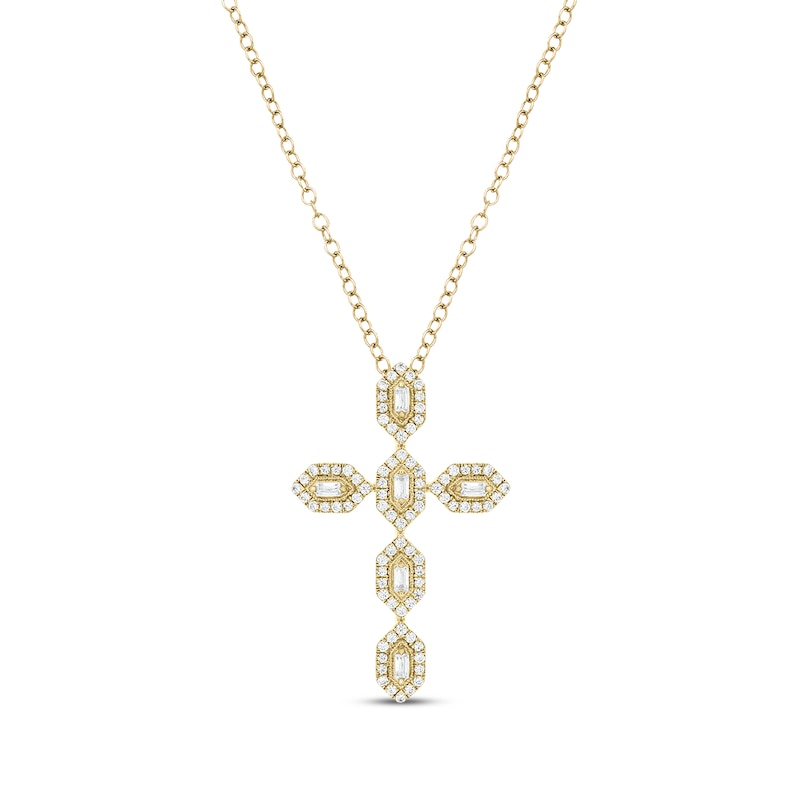 Baguette & Round-Cut Diamond Cross Necklace 1/2 ct tw Yellow Gold Plated 18