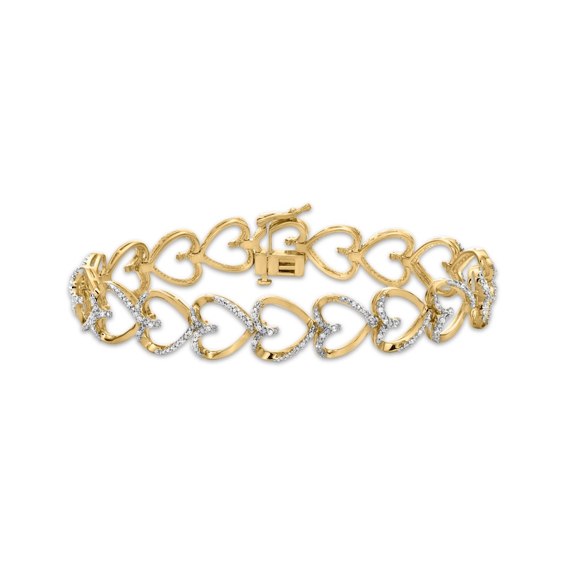 Diamond Stacked Hearts Link Bracelet 1/2 ct tw Yellow Gold Plated 7
