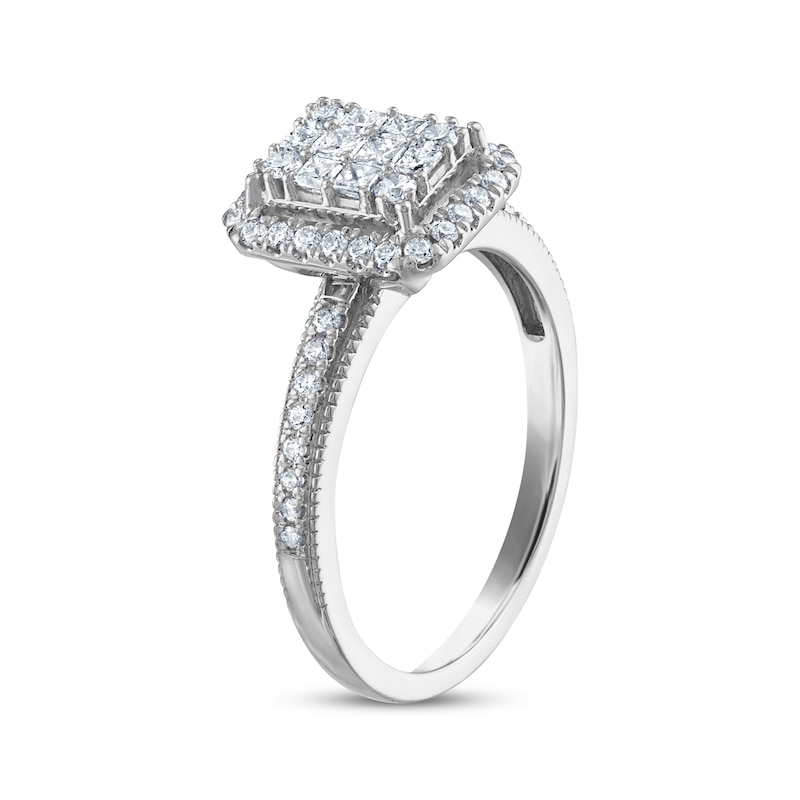 Princess & Round-Cut Multi-Diamond Center Elongated Cushion Frame Engagement Ring 1/2 ct tw White Gold Plated
