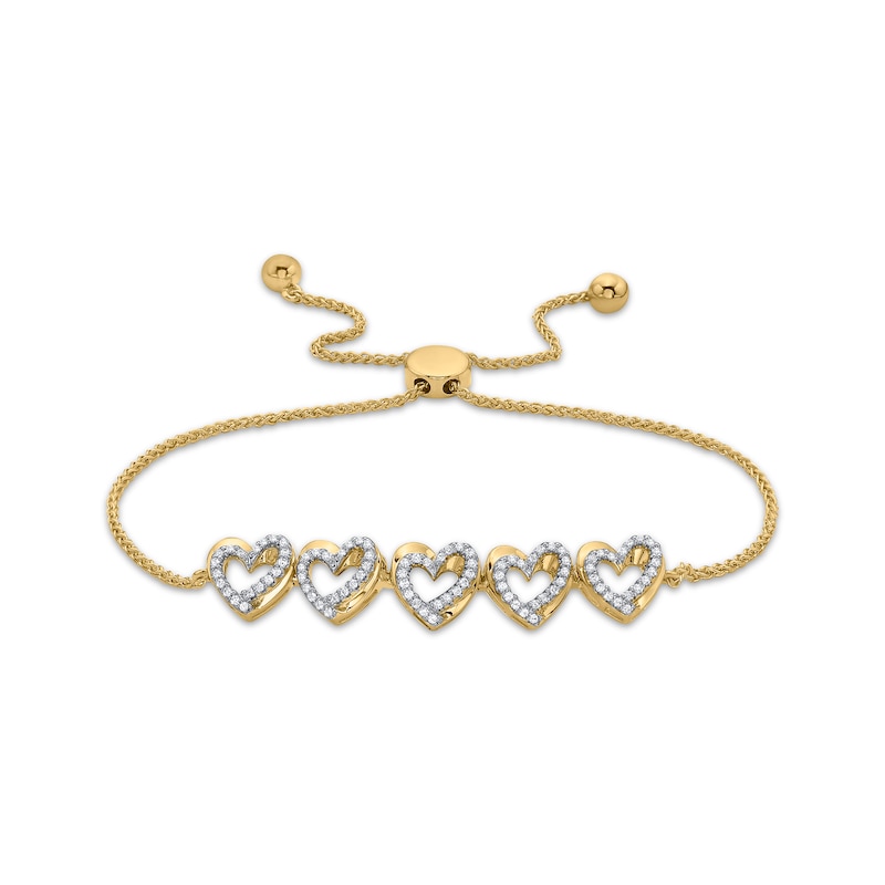Diamond Sculpted Hearts Bolo Bracelet 3/8 ct tw Yellow Gold Plated