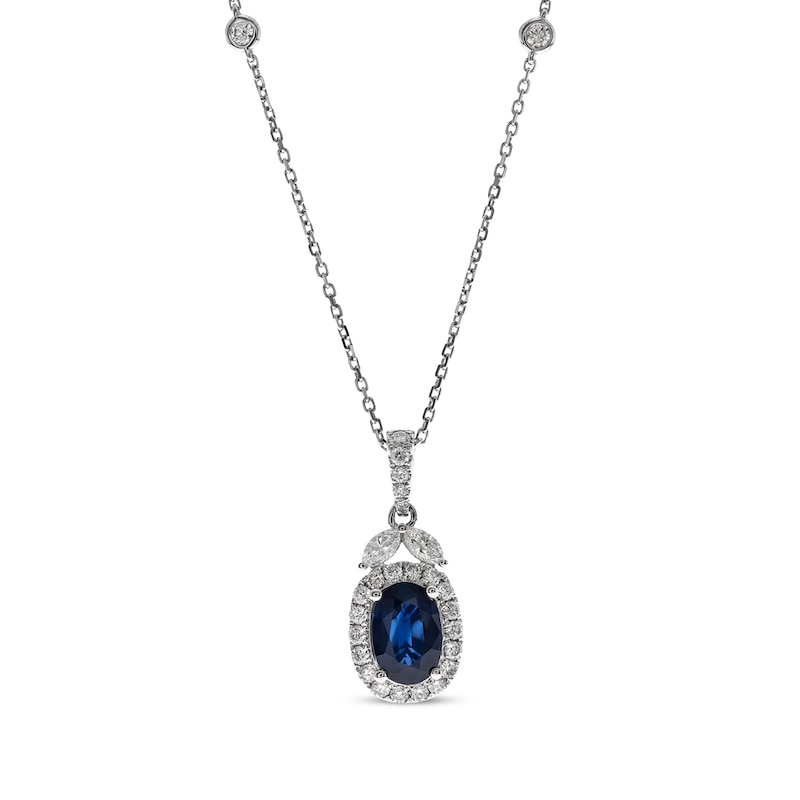 Oval-Shaped Blue Sapphire & Diamond Necklace 1/2 ct tw White Gold Plated 18