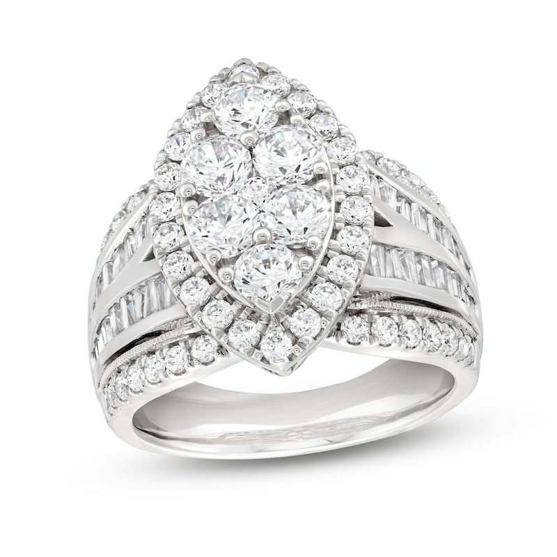 Diamond Engagement Ring 3 ct tw Round & Baguette White Gold Plated