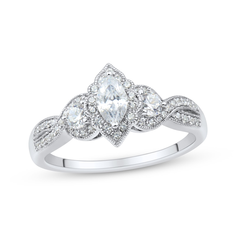 Vintage-Style Marquise & Round-Cut Diamond Three-Stone Engagement Ring 3/4 ct tw White Gold Plated