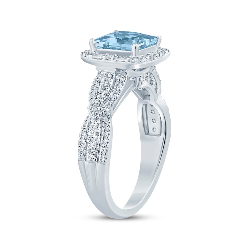 Aquamarine & Diamond Engagement Ring 1/2 ct tw Square-cut, Baguette & Round-cut White Gold Plated