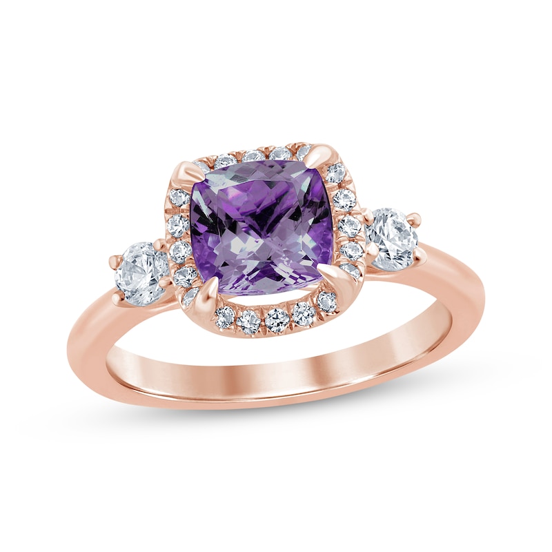 Amethyst & Diamond Engagement Ring 3/8 ct tw Cushion & Round-cut Rose Gold Plated