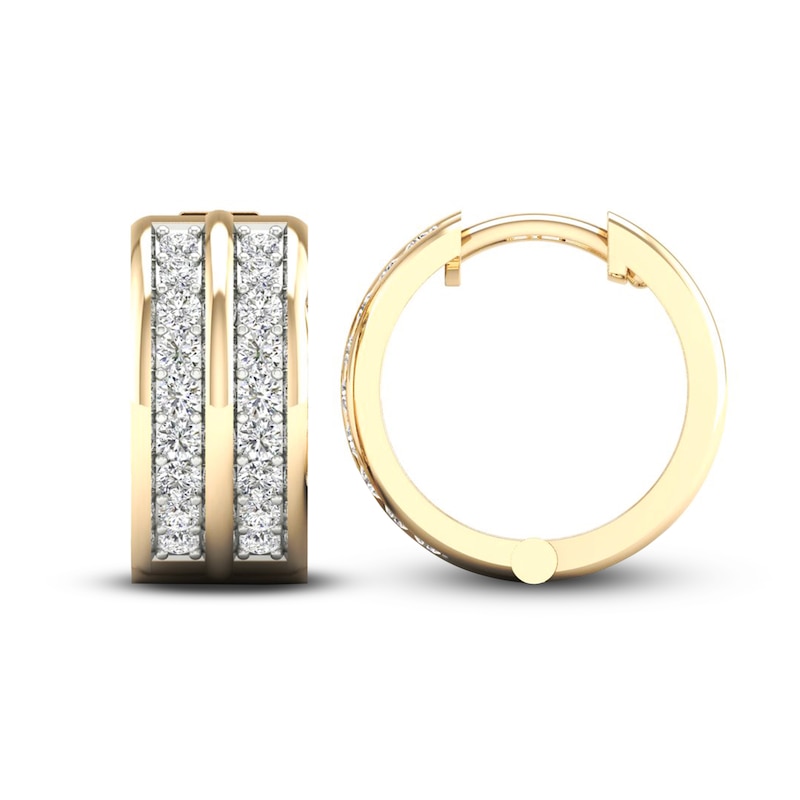 Men's Diamond Two-Row Huggie Hoop Earrings 1/2 ct tw Round-cut Yellow Gold Plated